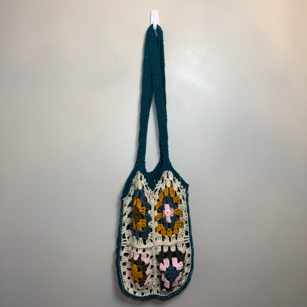 Handmade Crochet Granny Square Shoulder Bag Teal Boho Floral Market Tote